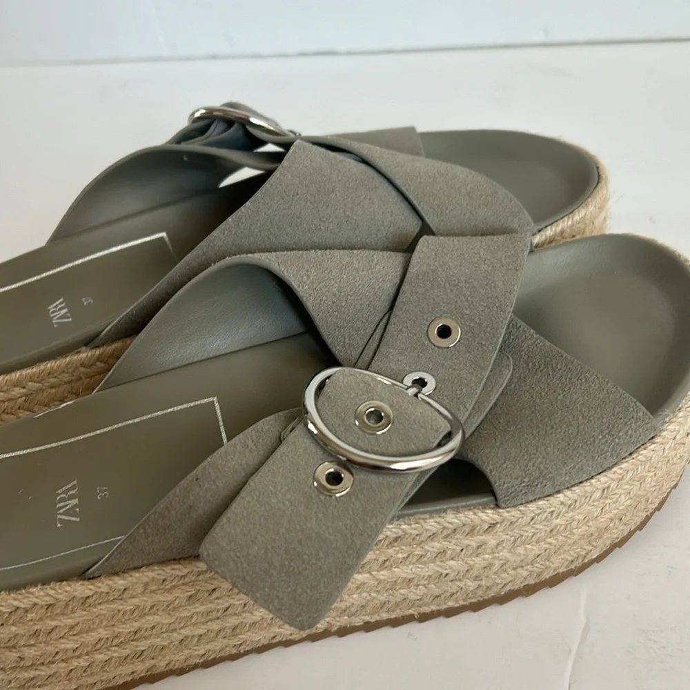 Zara espadrille platform sandal slide silver buckle sage gray green suede - Picture 15 of 16